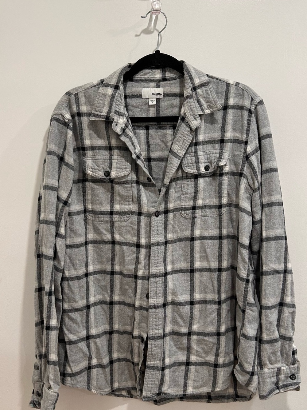 Sonoma Men's L Black & Gray Plaid Flannel Button Down Shirt
